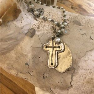 BOGO!Pearl and gold Cross choker necklace.